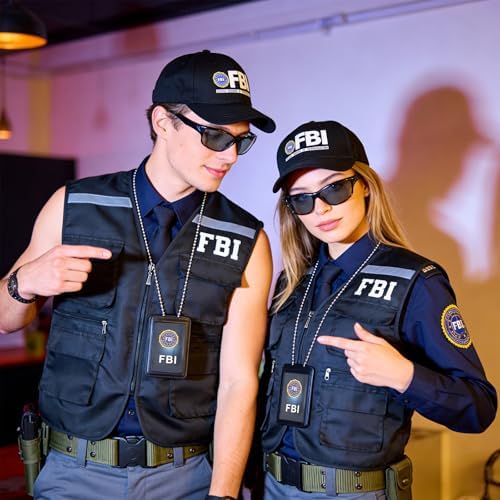 4pcs FBI Costume Men Women, FBI Agent Costume Include Vest Hat Badge and Police Sunglasses for Roleplay Halloween Party
