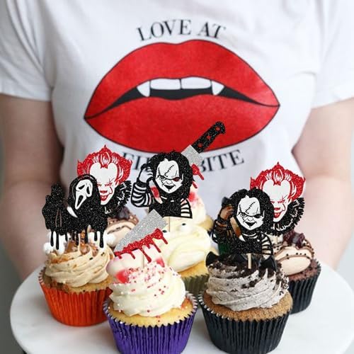 24 Pack Halloween Cupcake Toppers Glitter Scary Killer Cupcake Picks Knife Bloody Happy Halloween Theme Kids Birthday Cake Decorations Party Supplies