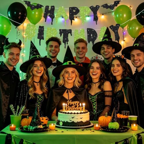 Glitter Happy Birthday Halloween Banner - NO DIY - Halloween Hanging Paper Garland Bunting Banner Decorations, Party Supplies for Kids Boy Girl Birthday Black Green