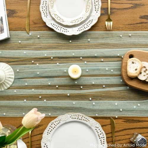 Artoid Mode 3-Pack Pearl Sage Green Gauze Table Runner 10FT Home Decor