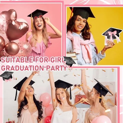 Marspark 25 Set Coquette Pink Bow Graduation Party Invitations Cards with Envelopes and Stickers Graduation Cap Shaped for College High School Grad Celebration Party Supplies, 5 x 6 Inch