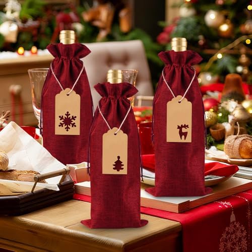 JOICEE 12 Pcs Wine Red Burlap Wine Bags Wine Bottle Gift Bags