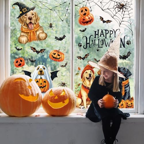 JarThenaAMCS 9 Sheets Halloween Dog Window Clings Ghost Puppy Pumpkin Bat Window Stickers Double-Sided Glass Decals for Home Classroom Office Party Decoration