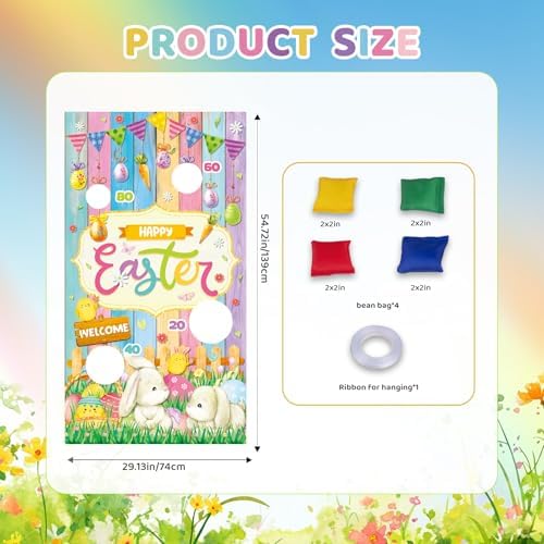 Easter Party Games Set Bean Bag Toss Game for Adults Banner with 4 Bean Bags for Tossing Bunny Egg Easter Party Decoration Indoor Outdoor Festive Decor