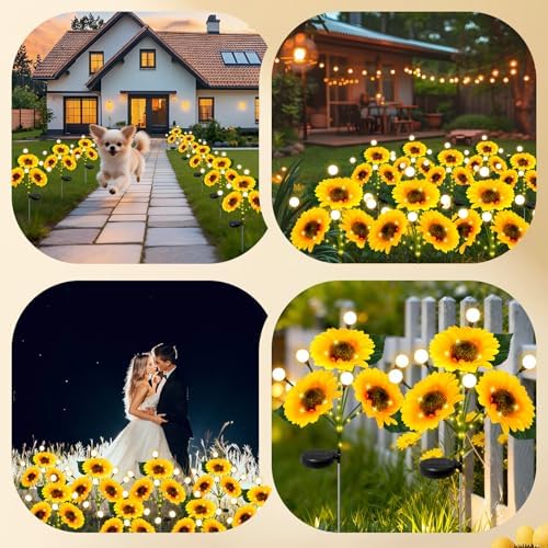 Sunflower Solar Lights Outdoor, 2 Pack Sunflowers with Firefly Lights, Waterproof Solar Flower Lights with 1000mAh Battery for Patio Porch Lawn, Gifts for Mom Women Grandma, Yard Decorations Outdoor