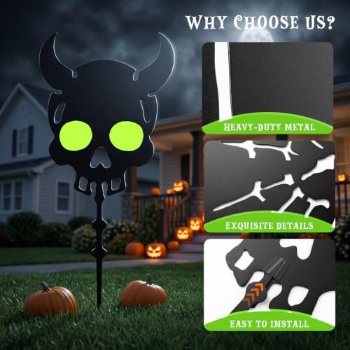 Halloween Solar Lighted Yard Stakes, 4-Pack (Skull Glow Yard Stakes)