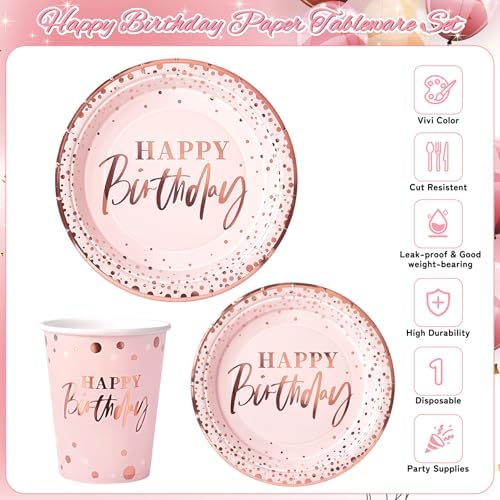 Pink Rose Gold Happy Birthday Party Plates, 168PCS Birthday Party Supplies