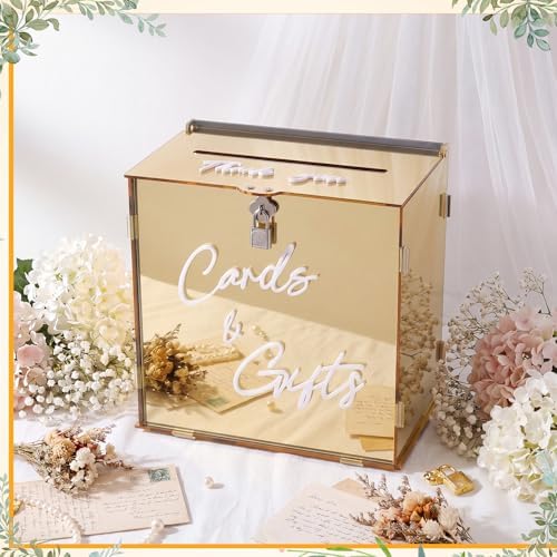 BreezeHug 10" Gold Acrylic Wedding Card Box with Lock & 3D Letters