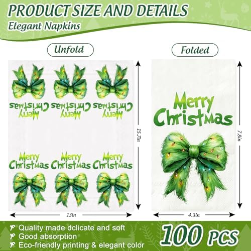 JarThenaAMCS 100 Pcs Christmas Guest Napkins Green Bow Disposable Paper Napkin Dinner Hand Napkins for Xmas Kitchen Home Bathroom Party Supplies Table Decor