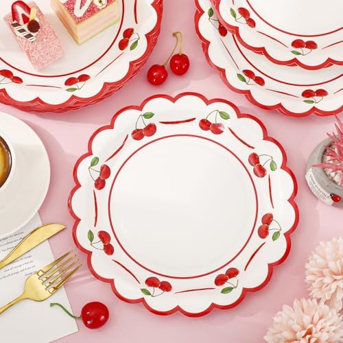 JarThenaAMCS 50 Pcs Cherry Paper Plates Scalloped Disposable Plate Red Decorative Tableware for Holiday Party Decor Supplies, 9 In