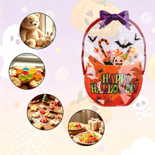 Halloween Treat Bags 24 PCS Plastic Flat Bottom Ziplock bags with Handle(7.3x10.4 Inch) Halloween Trick or Treat Bag Candy Goodie Snack Goody Gifts Wrap Pumpkin Ghost Spooky Party Favors Supplies