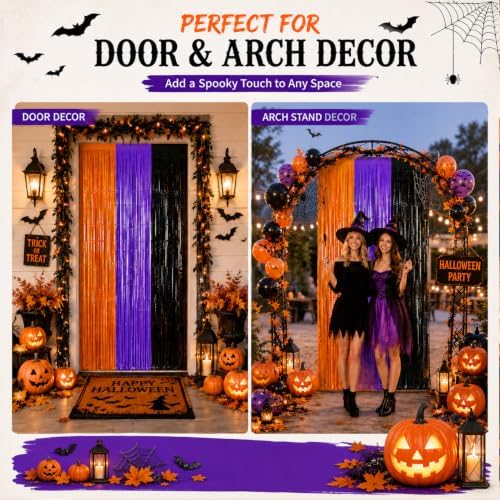JINSUI Halloween Decorations Orange Purple Black Tinsel Backdrop 2 Pack
