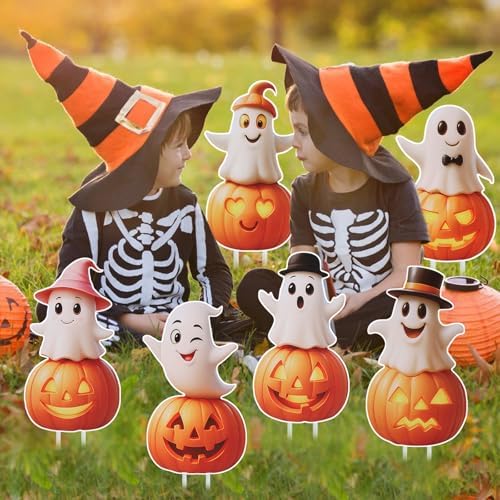 Outdoor Halloween Yard Signs, 6 PCS Cute Pumpkin Ghost Halloween Yard Stakes Kids Friendly for Lawn Garden Outside Home Decor