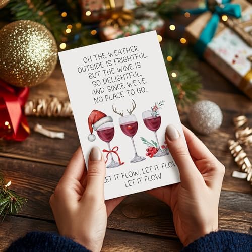 Funny Wine Christmas Card for Women Men, Humorous Christmas Card for Wine Lover, Merry Xmas Cards Gift for Friends Family, Let It Flow