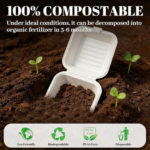 Lucklot 100 Pack 6×6 Inch White Compostable Bagasse Takeout Food Containers