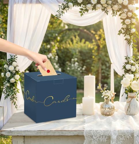 HEIPINIUYE Navy Blue Wedding Card Box with Gold Foil 9.8" x 9.8" Navy Large Gift Card Box for Party Wedding Reception Graduation Birthday Baby Shower Cardboard Raffle Envelope Box with Slot