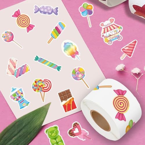 500PCS Christmas Stickers 16 Styles Candy Sticker Rolls Adorable Lollipop Stickers 1in Self-Adhesive Waterproof Vinyl Sticker Decor for Birthday Party Envelopes Scrapbook Decorations