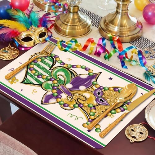 6 Set Carnival Mardi Placemats, 11x16 Inch Fleur de Lis Heart Bead Plastic Placemats Spring Holiday New Orleans Cocktail Table Mats for Carnival Masquerade Party Festival Decor