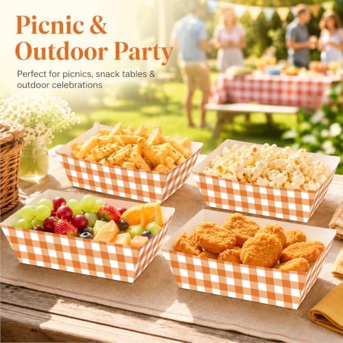 100 Pcs Orange Checkered Paper Food Trays, Pre-Folded Disposable Snack Boats for Popcorn, Candy, Fries, Nachos, Snacks, Movie Night Party Supplies, Cinema Themed Serving Trays