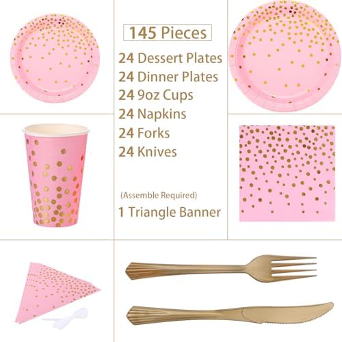 Pink and Gold Party Supplies 145PCS Golden Dot Paper Party Dinnerware Includes Paper Plates, Napkins, Knives, Forks, Cups, Banner, for Bachelorette, Girl Birthday, Baby Shower, Serves 24
