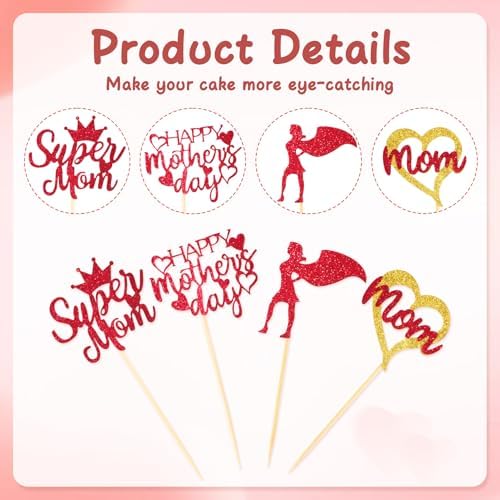 Mothers Day Cupcake Toppers, 24 PCS Mothers Day Party Decorations, Glitter Red Happy Mother's Day Super Mom Cupcake Toppers Cake Decorations Food Picks for Mother's Day Party Decoration Supplies