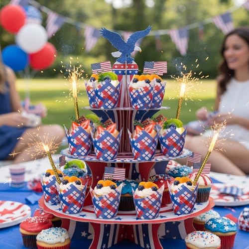 Maxdot 200 Pcs Red Blue Plaid Tulip Cupcake Liners for Baking 4th of July Paper Muffin Baking Cups Patriotic Gingham Tulip Muffin Liners Wrappers for Independence Day Memorial Day Party Supplies