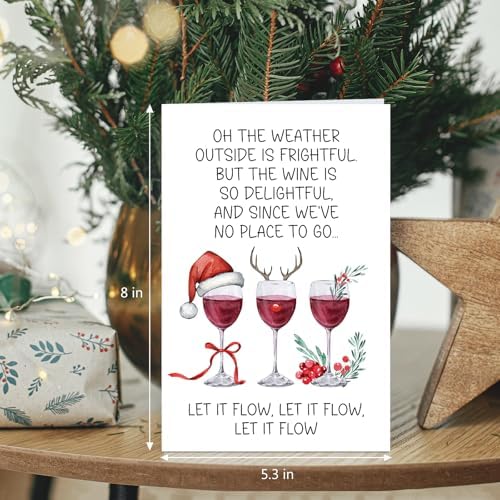 Funny Wine Christmas Card for Women Men, Humorous Christmas Card for Wine Lover, Merry Xmas Cards Gift for Friends Family, Let It Flow