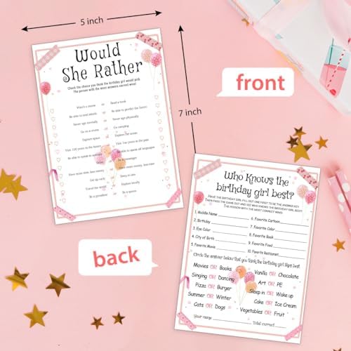 Birthday Party Games Set for Girls, Funny Girls Party Game, Girl Birthday‘s Supplies, Activity, Decorations, Includes Who Knows the Birthday Girl Best, Scattergories, 20 Double Sided Games Cards