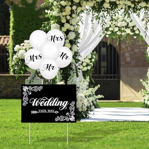 2 Pcs Wedding Reception Signs with 6 White Balloons, Set of 2 Double-Sided Directional Arrow Yard Signs with Metal Stakes, Waterproof Plastic Outdoor Decor Kit for Ceremony and Parking