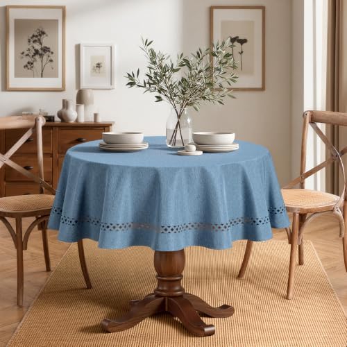 MIULEE Dusty Blue 60 Inch Round Linen Tablecloth with Decorative Cutouts