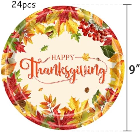 24pcs Thanksgiving Paper Plates Fall Party Supplies Disposable Dinnerware Tableware Maple Leaf-themed paper plates for Thanksgiving Dinner Party 9 in