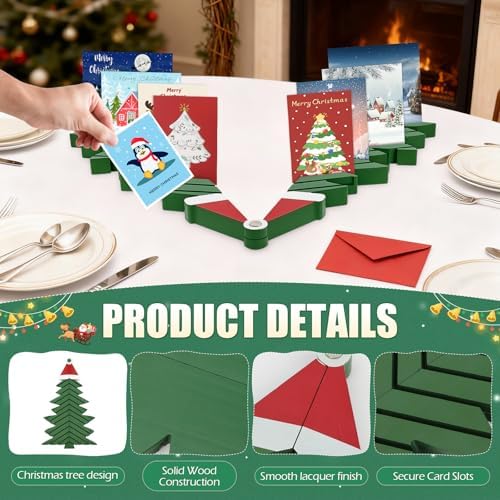 Adjustable Wooden Christmas Card Display Stand; Holds Up to 26 Cards, Perfect for Greeting Cards, Photos & Postcards; Tabletop, Shelf, Desk & Mantel Decor