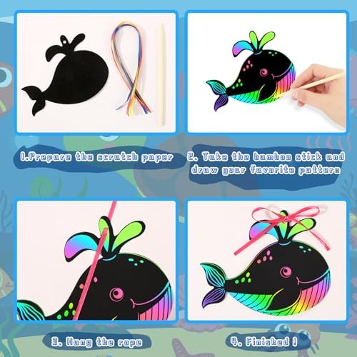 JULMELON 36 Pcs Ocean Crafts for Kids, Rainbow Scratch Art Party Favors