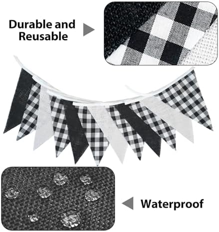 G2PLUS Black and White Gingham Fabric Bunting Banner, 32Ft Cotton Burlap Triangle Garland for Soccer Party, Game Day, Racing Car Party, Birthday, Graduation & Outdoor Decorations