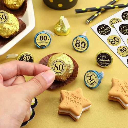 Tenare 504 Pcs 80th Birthday Stickers Black and Gold Party Favor Label Stickers Mini Chocolate Candy Wrappers for Anniversary Birthday Party Decoration