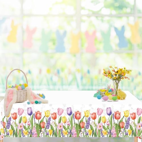 Gistome 3-Piece 54 x 108 Inch Spring Floral Plastic Tablecloth – Colorful Wildflower and Tulip Border Disposable Table Covers for Garden Parties, Baby Showers, Picnics, and Spring Celebrations