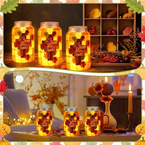 Qinyoung 12 Pcs Fall Christian Crafts Maple Leaf Mason Jar with LED