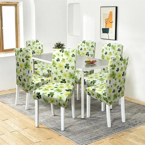 St Patricks Day Chair Covers Set of 6, Green Four Leaf Clover Dining Chair Covers, Elastic Removable Washable Dining Chair Covers for St. Patricks Day Kitchen Dining Room Holiday Party Decor