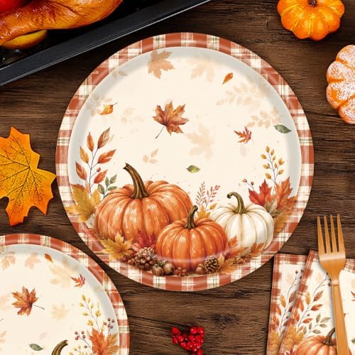 96 Pieces Fall Pumpkin Plates and Napkins, Autumn Thanksgiving Theme Maple Leaf Disposable Tableware with Paper Plates Napkins and Forks for Autumn Harves Thanksgiving Party Supplies - Serves 24