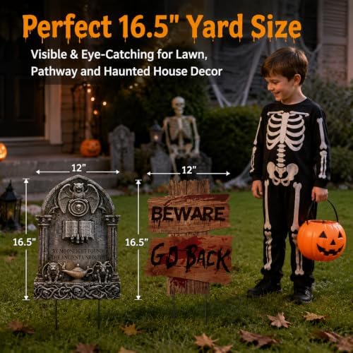 Halloween Decorations Outdoor Yard Signs, 6 Pcs 16.5" Double-Sided Graveyard Tombstones & Beware Props, Scary Zombie Stakes for Lawn Cemetery Setup, Haunted Houses and Trick or Treat Party Decor