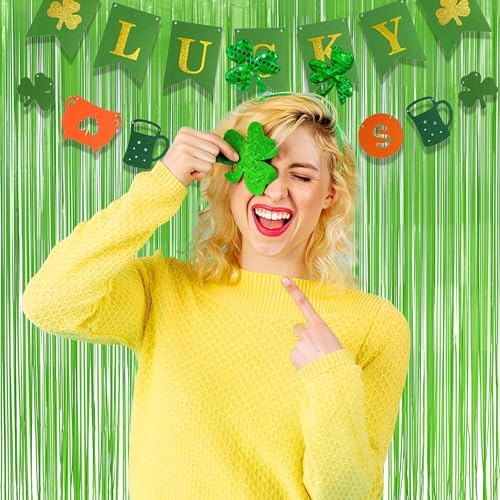 Lime Green Streamers Party Backdrop - GREATRIL Tinsel Curtain for St Patrick's Day/Frog/Wizard - 3.2ft X 8.2ft - 2 Packs