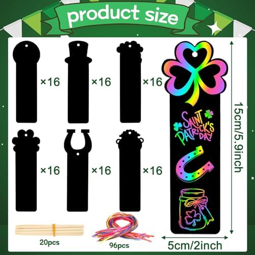 AUGSUN 96Pcs St Patricks Day Scratch Art Bookmarks Crafts for Kids