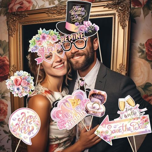 Wedding Photo Booth Props Kit, 30Pcs Romantic Watercolor Floral Handheld Cutouts, Funny Selfie Signs for Bridal Shower, Bachelorette, Engagement, Valentine's Day (Pink)