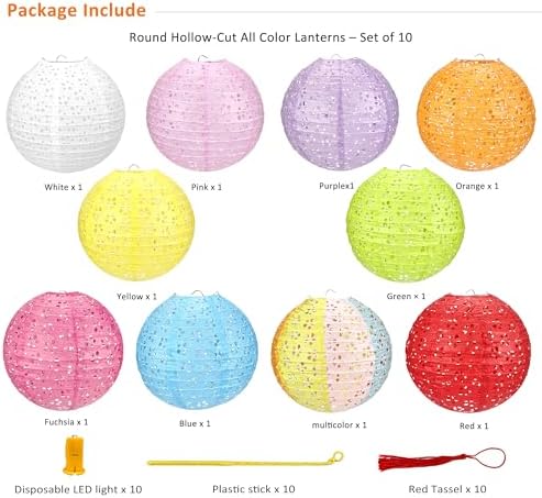 10Pack Paper Lanterns Chinese Japanese Hanging Paper Lanterns with LED Lights Sticks Tassels 8 Inch Round for Chinese Lunar New Year Decorations 2026 Spring Festival Wedding Asian Home Party Decor
