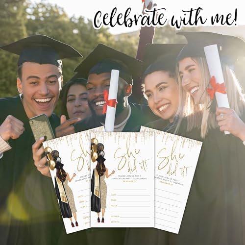 She Did It Graduation Party Invitations -Gloden Balloons & Grad Girl -20 Double-sided Fill In Invite Cards With Envelopes For College , High School , University Grad -Party Decorations & Supplies -D01