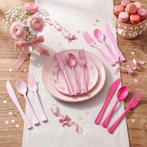 Minatee 180 Pcs Gradient Pink Plastic Silverware Heavy Duty Cutlery Sets Disposable Utensils for Holiday Birthday Themed Party Supplies, 60 of Each Forks Knives Spoons