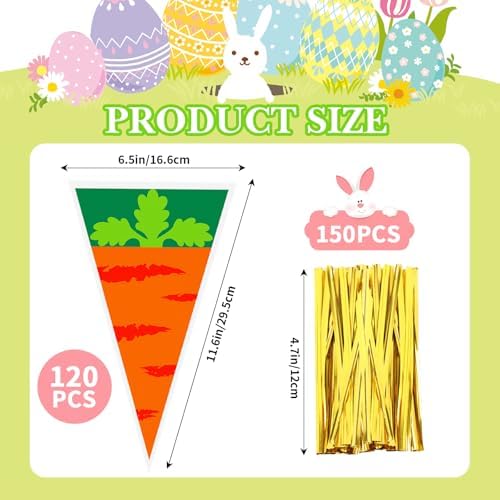 FOIMAS 120pcs Easter Cellophane Treat Bags,Carrot Shaped Candy Goodie Bags Cookie Bag for Easter Party Decoration Supply