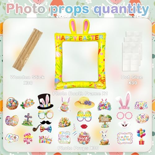 Happy Easter Inflatable Photo Frame & Props Set, 30Pcs Easter Photo Props with Giant Inflatable Picture Frame for Easterday Party Selfie Supplies