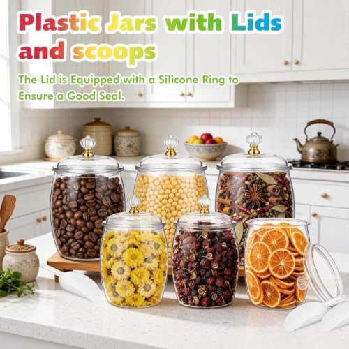 Mwellewm 4Pc Candy Jars with Lids 1 Gallon/64 OZ Clear Plastic Cookie Container with Scoops Large Airtight Apothecary Storage Organization Snack Buffet Canister for Wedding Home Kitchen Bar Decoration
