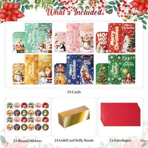 24 Pack Christmas Money Card Holders, 6 Unique Festive Xmas Designs Snowman Polar Bear Santa Reindeer Tree Cash Gift Cards, Includes Envelopes & Stickers, Xmas Cash Check Gift Card Holders for Holiday Present